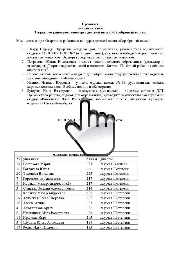 Протокол заседания жюри Открытого районного конкурса детской песни Серебряный голос Протокол заседания жюри Открытого районного конкурса детской песни Серебряный голос